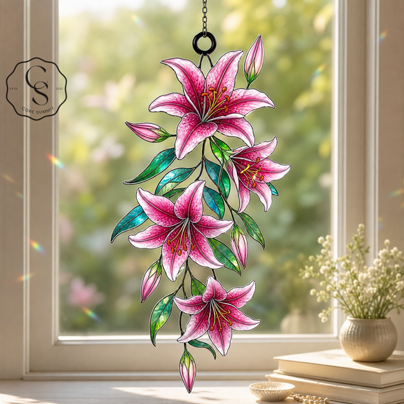Acrylic Suncatcher Pink Stargazer Lily Acrylic Window Hanging for Flower Lovers