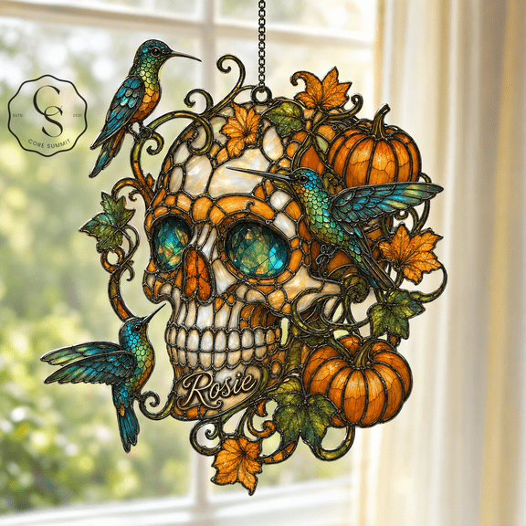 Acrylic Suncatcher Pumpkin Vine Hummingbird Skull Acrylic Window Hanging for Halloween Decor Lovers