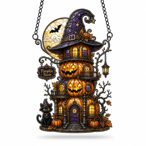 Acrylic Suncatcher Pumpkin Witch Tower Window Hanging for Halloween Decor