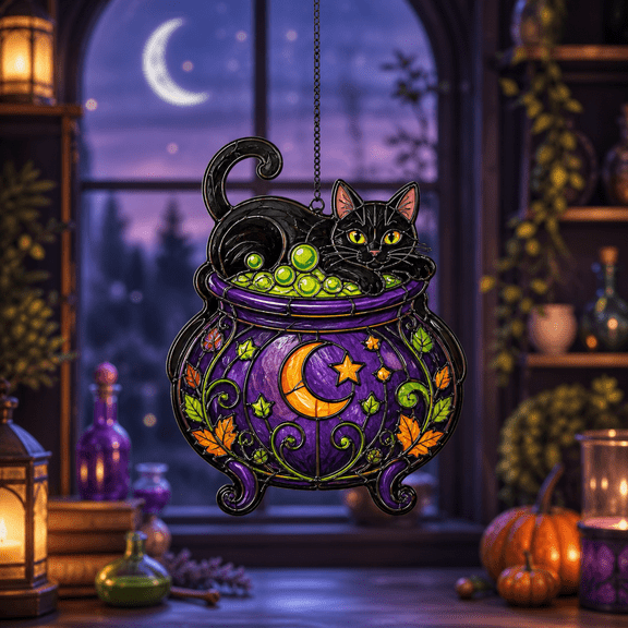 Acrylic Suncatcher Purple Witch Cat Cauldron Window Decor Halloween