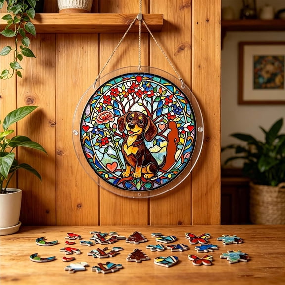 Acrylic Suncatcher Puzzle Dachshund Dog Window Hanging Ornament DIY Assembly Stained Glass Style Sun Catcher Colorful Light Projection Home Decor Window Wall Porch Gift Decor
