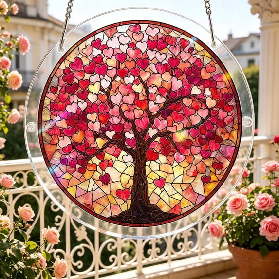 Acrylic Suncatcher Puzzle, Unique Crystal Pink Love Tree Design DIY Suncatcher Kit, 7.4-Inch 83-Piece Window Hanging Decor for Indoor & Outdoor Gardens, Ideal Birthday Gift for Mom, Women & Men