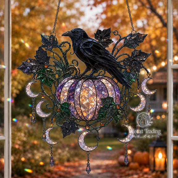 Acrylic Suncatcher Raven Crystal Moon Acrylic Window Hanging for Gothic Halloween Decor