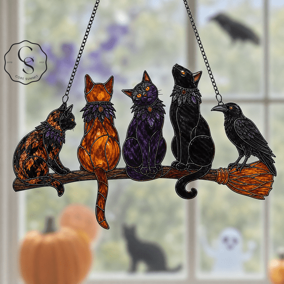 Acrylic Suncatcher Raven Watching Cats Acrylic Window Hanging for Gothic Halloween Fans