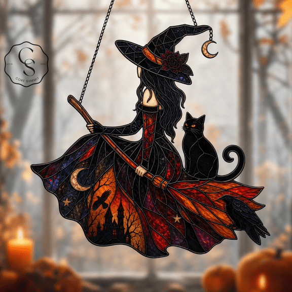 Acrylic Suncatcher Raven Witch and Black Cat Acrylic Window Hanging for Halloween Lovers