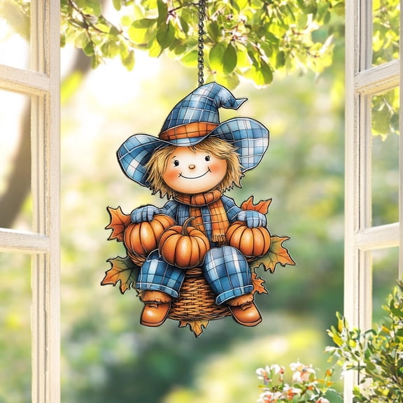 Acrylic Suncatcher Scarecrow Window Hanging Decoration with Pumpkins, Autumn Leaves and Blue Outfit