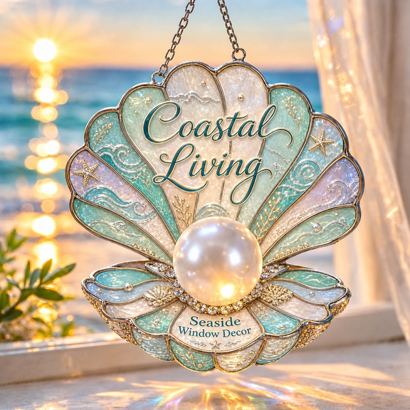 Acrylic Suncatcher Seashell Pearl Coastal Acrylic Window Hanging for Beach House Decor