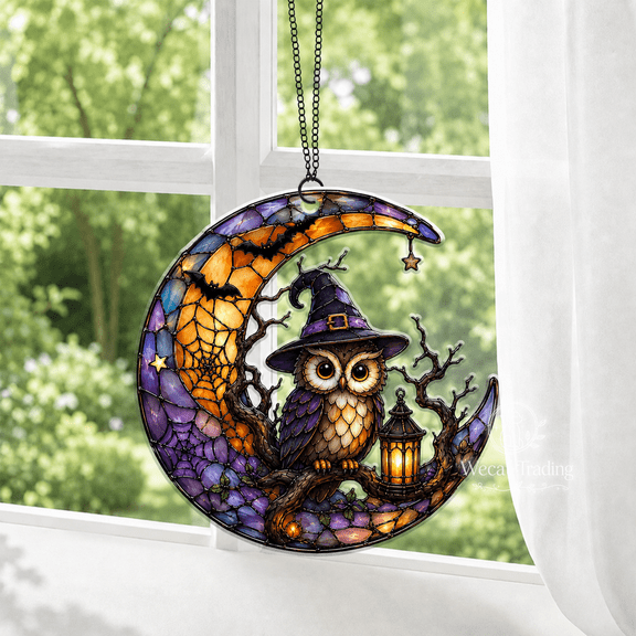 Acrylic Suncatcher Spooky Owl Crescent Moon Window Hanging for Halloween Decor