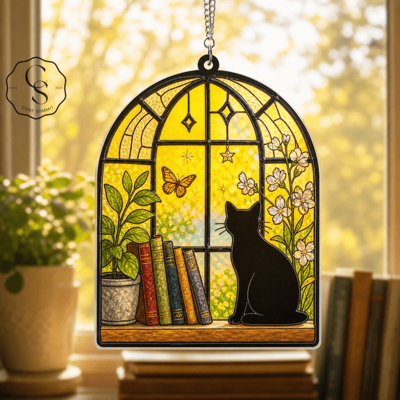 Acrylic Suncatcher Spring Garden Black Cat Acrylic Window Hanging for Cat Lovers