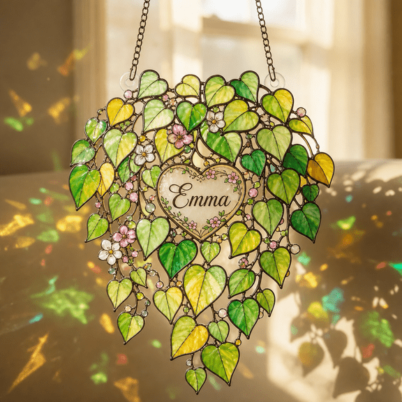 Acrylic Suncatcher Spring Heart Leaf Personalized Window Hanging for Garden Lovers