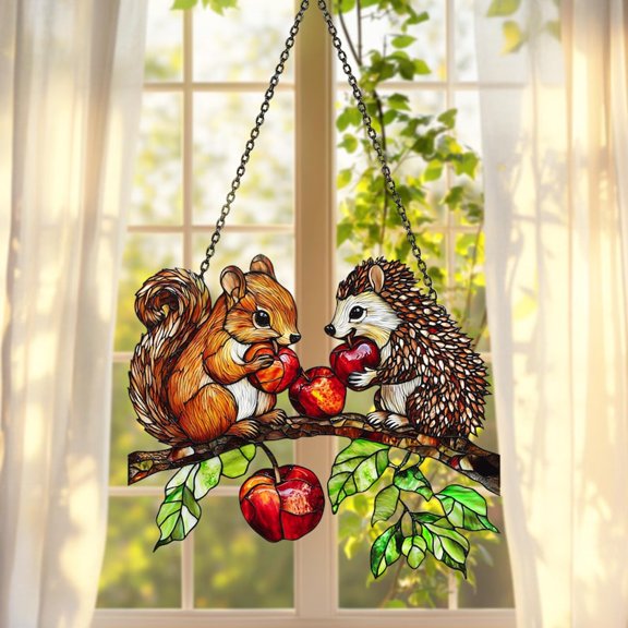 Acrylic Suncatcher Squirrel and Hedgehog Window Hanging Decoration Home Decor Woodland Apple Branch Autumn Accent Birthday Holiday Gift