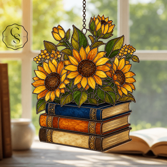 Acrylic Suncatcher Sunflower Book Stack Acrylic Window Hanging for Readers