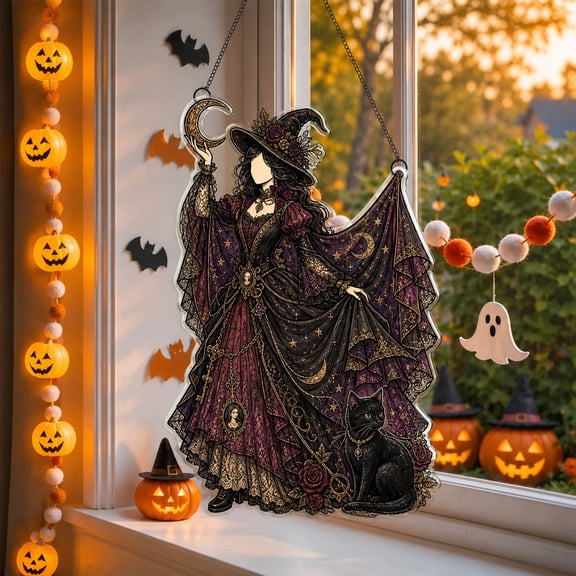 Acrylic Suncatcher Victorian Witch Acrylic Window Hanging for Halloween Decor Lovers