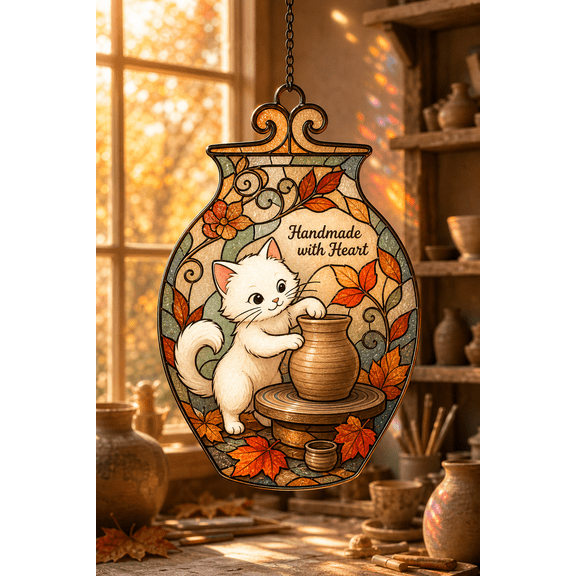 Acrylic Suncatcher White Cat Pottery Vase Window Hanging for Potters