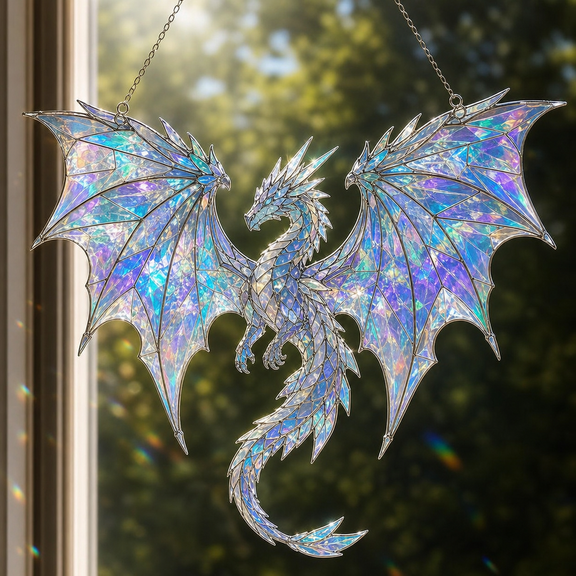 Acrylic Suncatcher White Holographic Dragon Iridescent Acrylic Window Hanging for Dragon Lovers