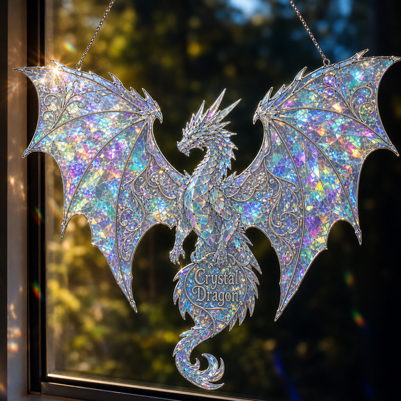 Acrylic Suncatcher White Holographic Dragon Iridescent Acrylic Window Hanging for Dragon Lovers