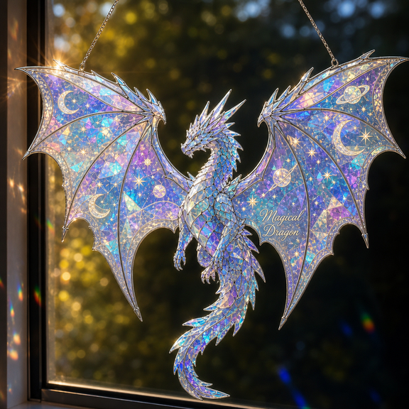 Acrylic Suncatcher White Holographic Dragon Iridescent Acrylic Window Hanging for Fantasy Lovers