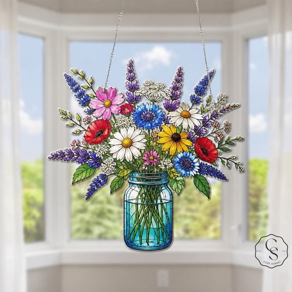 Acrylic Suncatcher Wildflower Mason Jar Acrylic Window Hanging for Garden Lovers