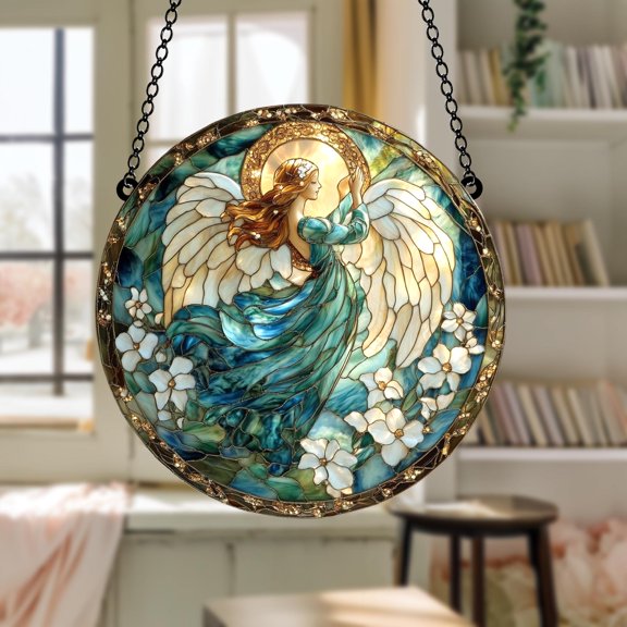 Acrylic Suncatcher Window Hanging 6-12 Inch Angel in Teal Round Halo Fairy Wings Floral Panel Sacred Art Stained Glass Effect Shatterproof Faux Stained Glass Acrylic Window Hanging Gift