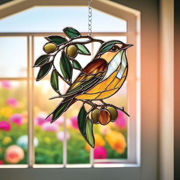 Acrylic Suncatcher Window Hanging 6-12 Inch Bird & Olive Serenity Rustic Stained Glass Effect Shatterproof Nature Window Hanging for Home Accent