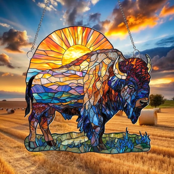 Acrylic Suncatcher Window Hanging 6-12 Inch Bison Buffalo Farmhouse Cow Stained Glass Effect Shatterproof Countryside Rustic Home Decor Gift