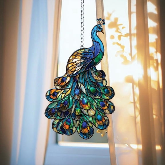 Acrylic Suncatcher Window Hanging 6-12 Inch Blue Peacock Majestic Bird Stained Glass Effect Shatterproof Wildlife Nature Window Decor Gift for Bird Lovers