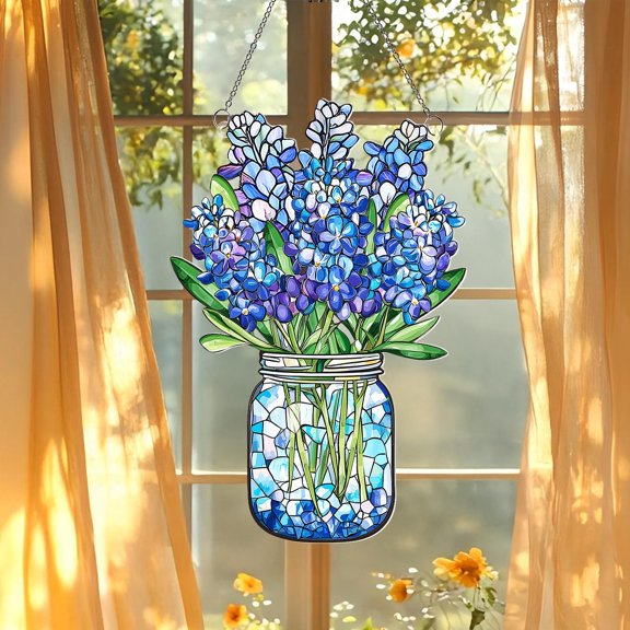 Acrylic Suncatcher Window Hanging 6-12 Inch Bluebonnet Bouquet Texas Flower Stained Glass Effect Shatterproof Botanical Window Hanging for Texas Home Decor