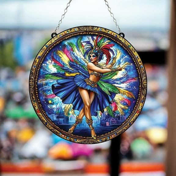 Acrylic Suncatcher Window Hanging 6-12 Inch Carnival Dancer Samba Costume Colorful Feathers Stained Glass Effect Shatterproof Festival Decor Gift for Dance Lovers