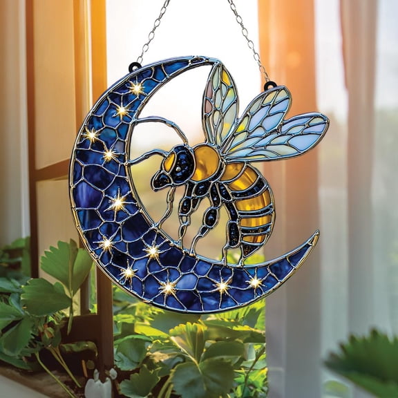 Acrylic Suncatcher Window Hanging 6-12 Inch Celestial Bee Honeybee on Crescent Moon Stained Glass Effect Shatterproof Magical Night Sky Decor Gift for Moon Lovers