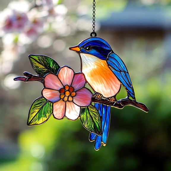 Acrylic Suncatcher Window Hanging 6-12 Inch Cherry Blossom and Bird Sakura Spring Stained Glass Effect Shatterproof Wall Art Gift for Sakura Lovers