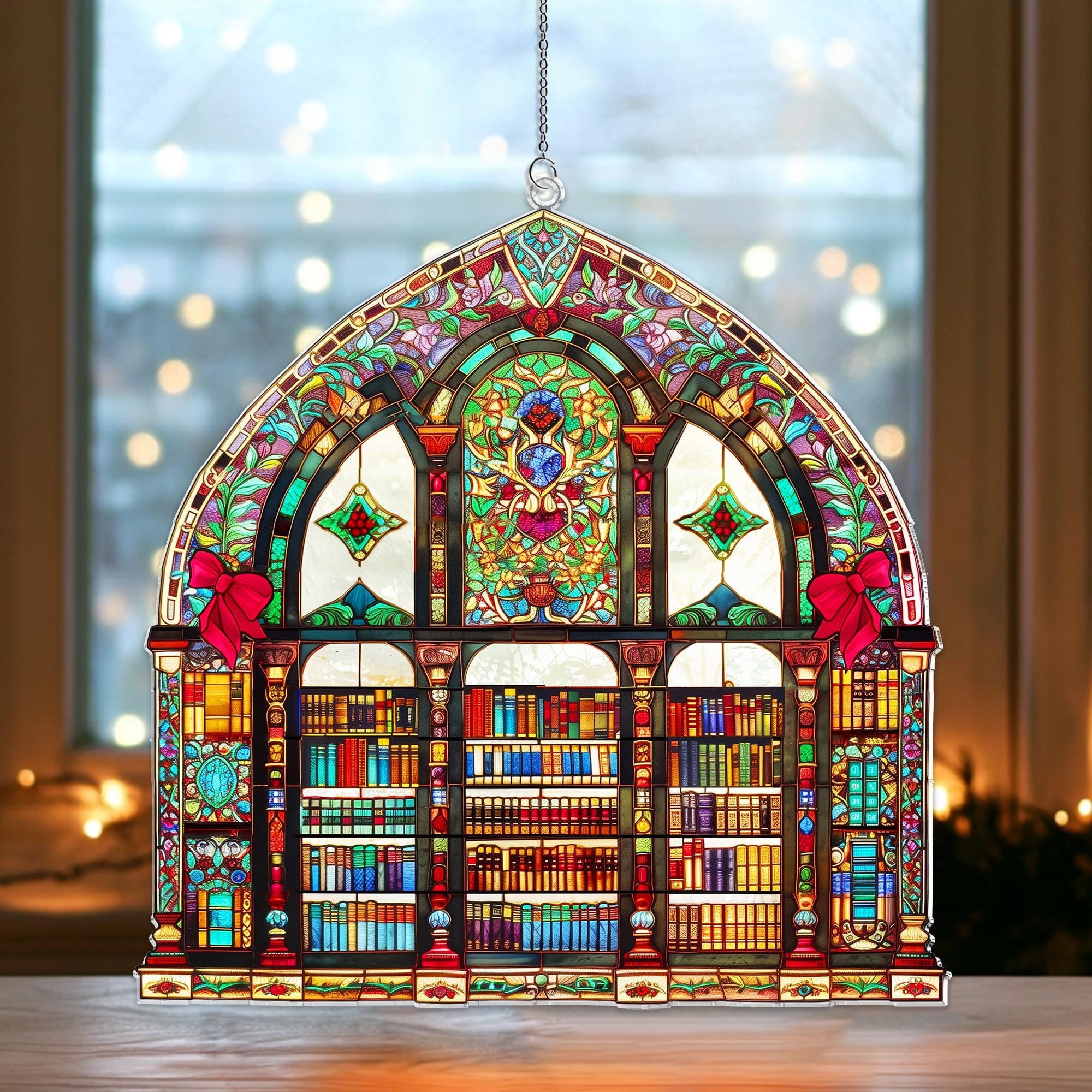 Acrylic Suncatcher Window Hanging 6-12 Inch Christmas Library Bookshelf ...