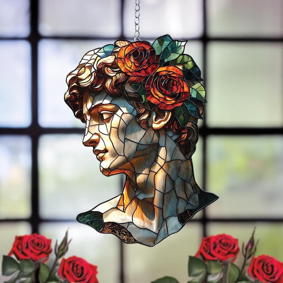 Acrylic Suncatcher Window Hanging 6-12 Inch David Bust Romantic Renaissance Statue Red Roses Stained Glass Effect Shatterproof Artistic Window Decor for Art Lover