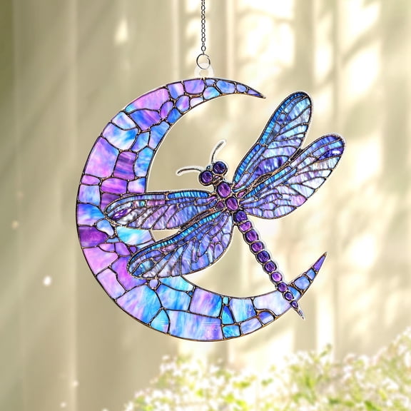 Acrylic Suncatcher Window Hanging 6-12 Inch Dragonfly Moon Stained Glass Effect Shatterproof Acrylic Window Hanging