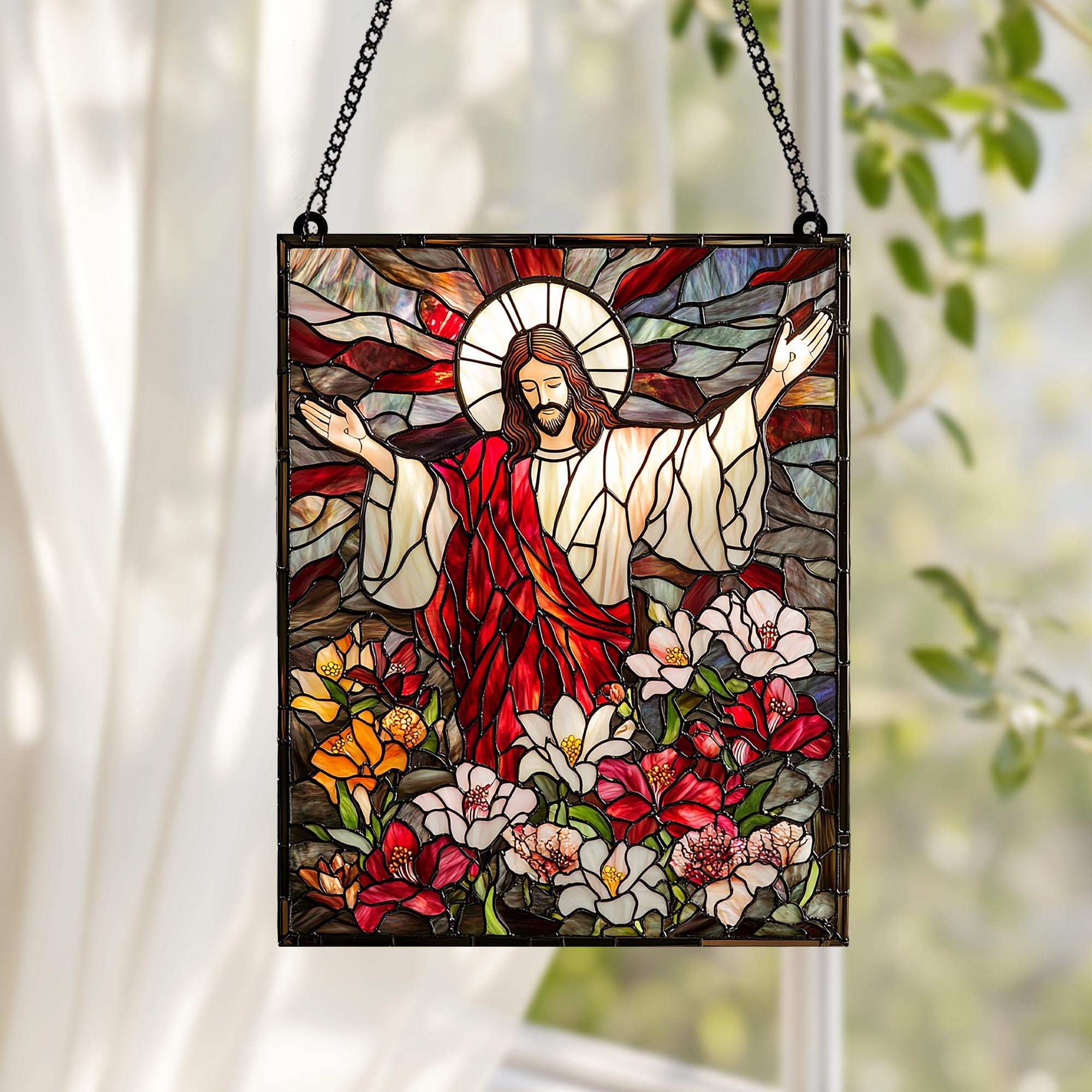 Acrylic Suncatcher Window Hanging 6-12 Inch Floral Jesus Outstretched Arms Religious Easter Faithful Homes Stained Glass Effect Shatterproof Faux Stained Glass Window Panel Gift