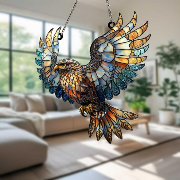 Acrylic Suncatcher Window Hanging 6-12 Inch Flying Eagle Bald Eagle Yin Yang Wing Freedom Strength Stained Glass Effect Shatterproof Window Decor for Warrior Nature Lover