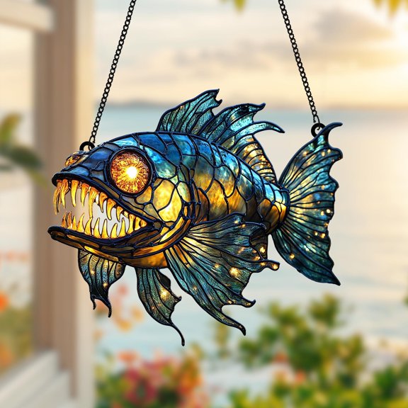 Acrylic Suncatcher Window Hanging 6-12 Inch Glowing Angler Fish Deep Sea Monster Unique Ocean Creature Halloween Marine Stained Glass Effect Shatterproof Window Decor