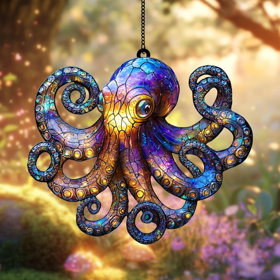 Acrylic Suncatcher Window Hanging 6-12 Inch Glowing Octopus Colorful Tentacle Sea Creature Mystical Ocean Stained Glass Effect Shatterproof Marine Animal Lovers Gift