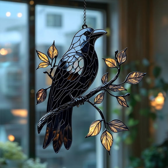 Acrylic Suncatcher Window Hanging 6-12 Inch Gothic Raven Bird Elegant Crow on Tree Branch Halloween Autumn Stained Glass Effect Shatterproof Faux Stained Glass Window Hanging Gift Idea