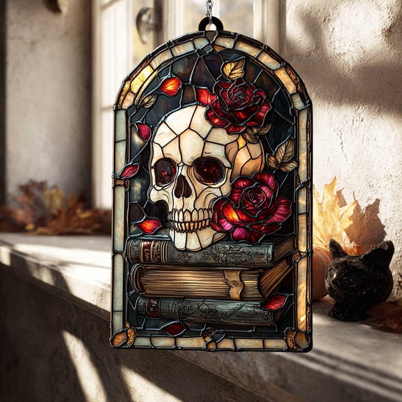 Acrylic Suncatcher Window Hanging 6-12 Inch Gothic Skull Red Roses Old Books Dark Academia Halloween Mystery Stained Glass Effect Shatterproof Faux Glass Window Panel