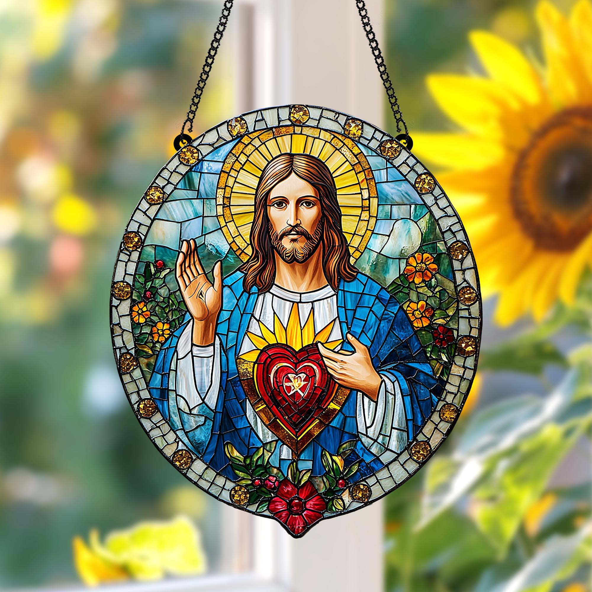 Acrylic Suncatcher Window Hanging 6-12 Inch Jesus Sacred Heart Radiant Halo Red Heart Spiritual Catholic Homes Stained Glass Effect Shatterproof Faux Stained Glass Window Panel Gift