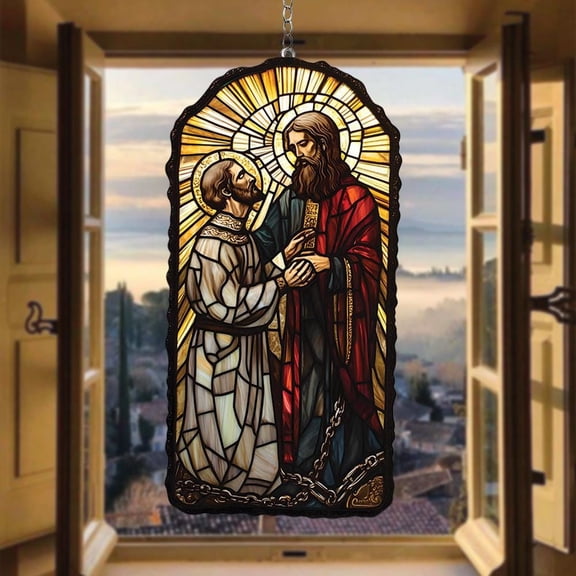 Acrylic Suncatcher Window Hanging 6-12 Inch Jesus and Saint Blessing Scene Golden Halo Spiritual Religious Stained Glass Effect Shatterproof Christian Home Gift