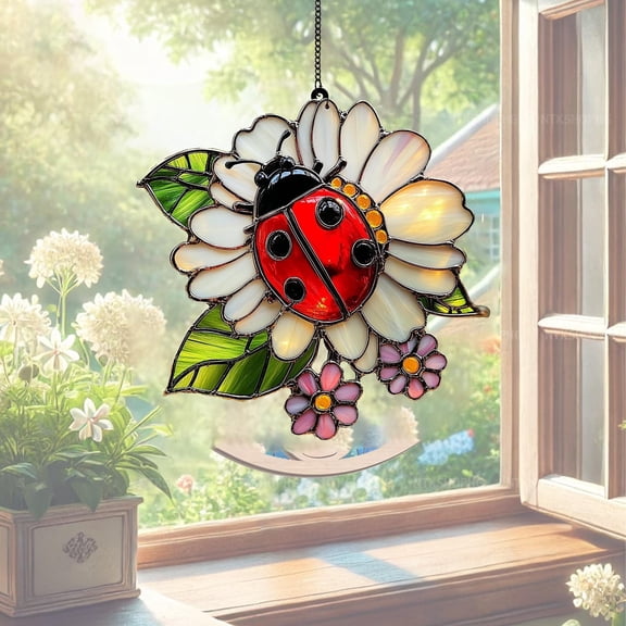 Acrylic Suncatcher Window Hanging 6-12 Inch Ladybug on Daisy Cute Insect Spring Garden Nature Lover Stained Glass Effect Shatterproof Window Hanging Gift