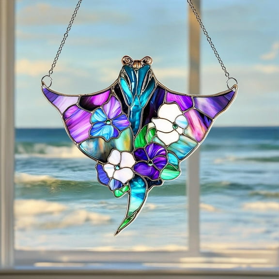 Acrylic Suncatcher Window Hanging 6-12 Inch Manta Ray Ocean Fish Stained Glass Effect Shatterproof Window Hanging