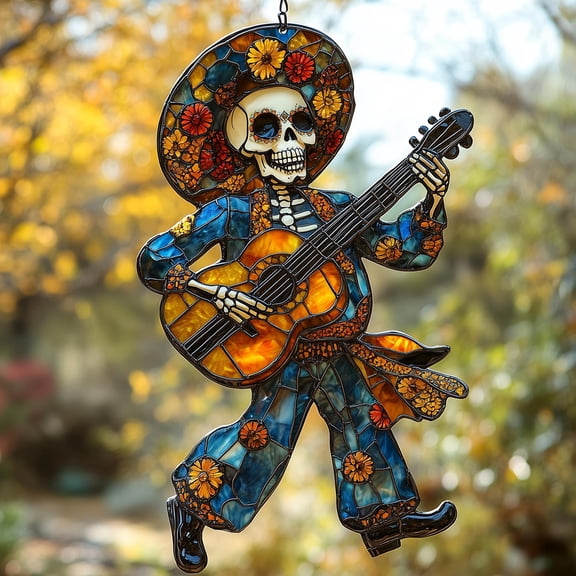 Acrylic Suncatcher Window Hanging 6-12 Inch Mariachi Skeleton Day of the Dead Guitarist Mexican Folk Art Stained Glass Effect Shatterproof Faux Stained Glass Window Hanging Gift