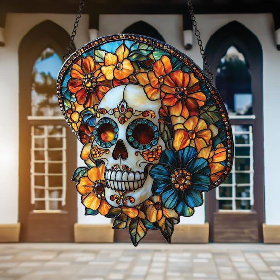 Acrylic Suncatcher Window Hanging 6-12 Inch Mexican Sombrero Floral Sugar Skull Marigold Dia de los Muertos Skeleton Halloween Stained Glass Effect Shatterproof Faux Stained Glass Window Hanging Gift