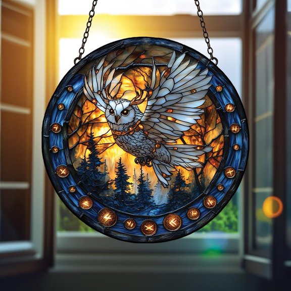 Acrylic Suncatcher Window Hanging 6-12 Inch Mystic Owl in Rune Circle White Forest Guardian Flying Across Flames Viking Symbol Stained Glass Effect Shatterproof Window Hanging Decor
