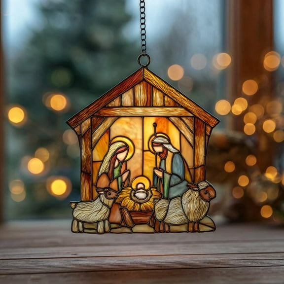Acrylic Suncatcher Window Hanging 6-12 Inch Nativity Scene Christian Christmas Window Decor Stained Glass Effect Shatterproof