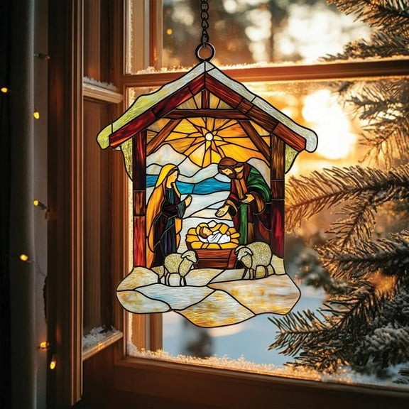 Acrylic Suncatcher Window Hanging 6-12 Inch Nativity Scene Faux Stained Glass Christian Window Hanging Perfect Religious Christmas Decoration Stained Glass Effect Shatterproof Home Decor