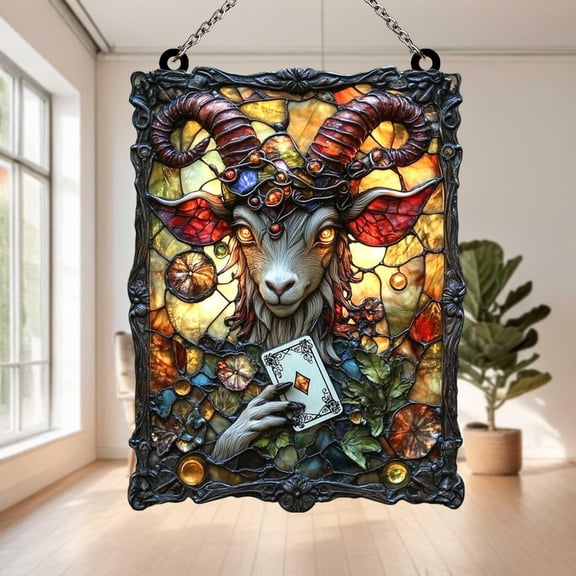 Acrylic Suncatcher Window Hanging 6-12 Inch Occult Goat Glowing Eyes Tarot Cards Crystals Gothic Witchy Dark Fantasy Stained Glass Effect Shatterproof Hanging Art for Dark Fantasy Homes