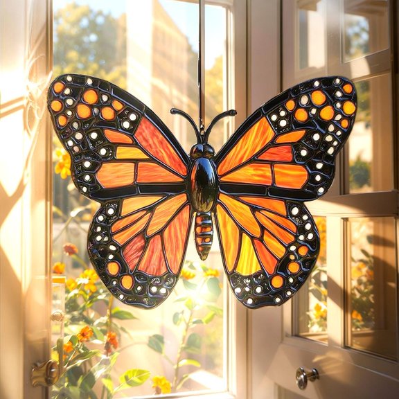 Acrylic Suncatcher Window Hanging 6-12 Inch Orange Monarch Faux Wavy Butterfly Fall Nature Windows Garden Rooms Stained Glass Effect Shatterproof Acrylic Window Hanging